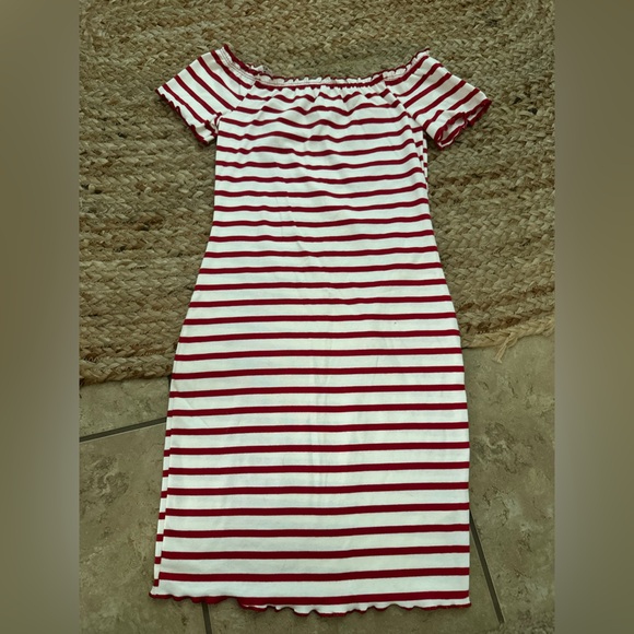 Fashion Nova Dresses & Skirts - RED AND WHITE STRIPED OFF SHOULDER MINI DRESS